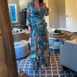Blue Floral Wrap Dress with Bishop Sleeves